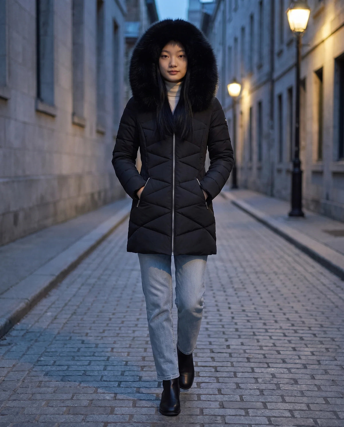 Parka mi-longue cintrée à capuche fourrure