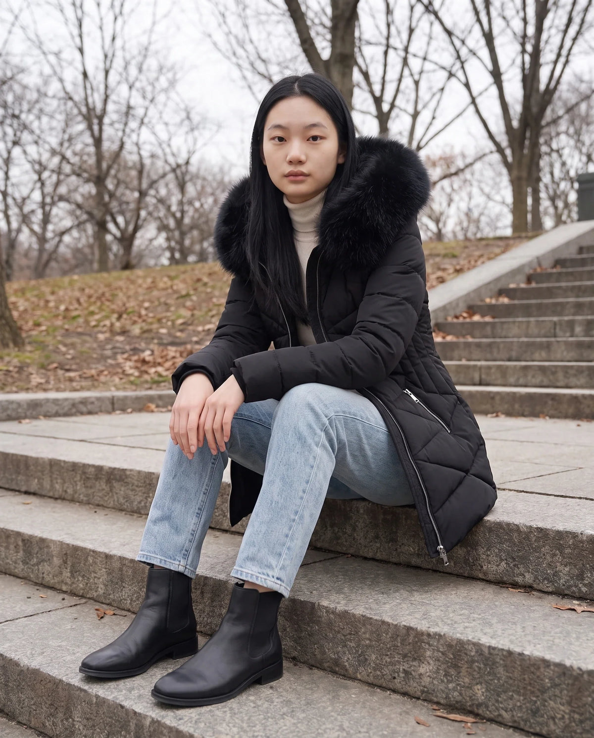 Parka mi-longue cintrée à capuche fourrure