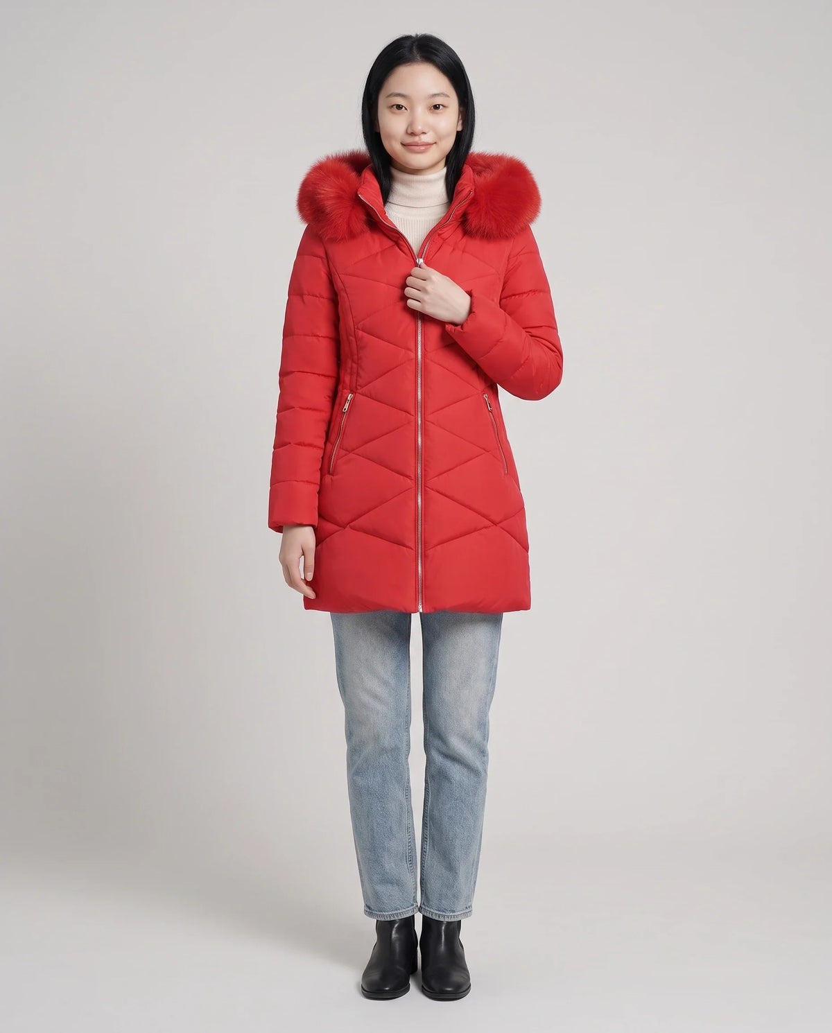 Parka mi-longue cintrée à capuche fourrure