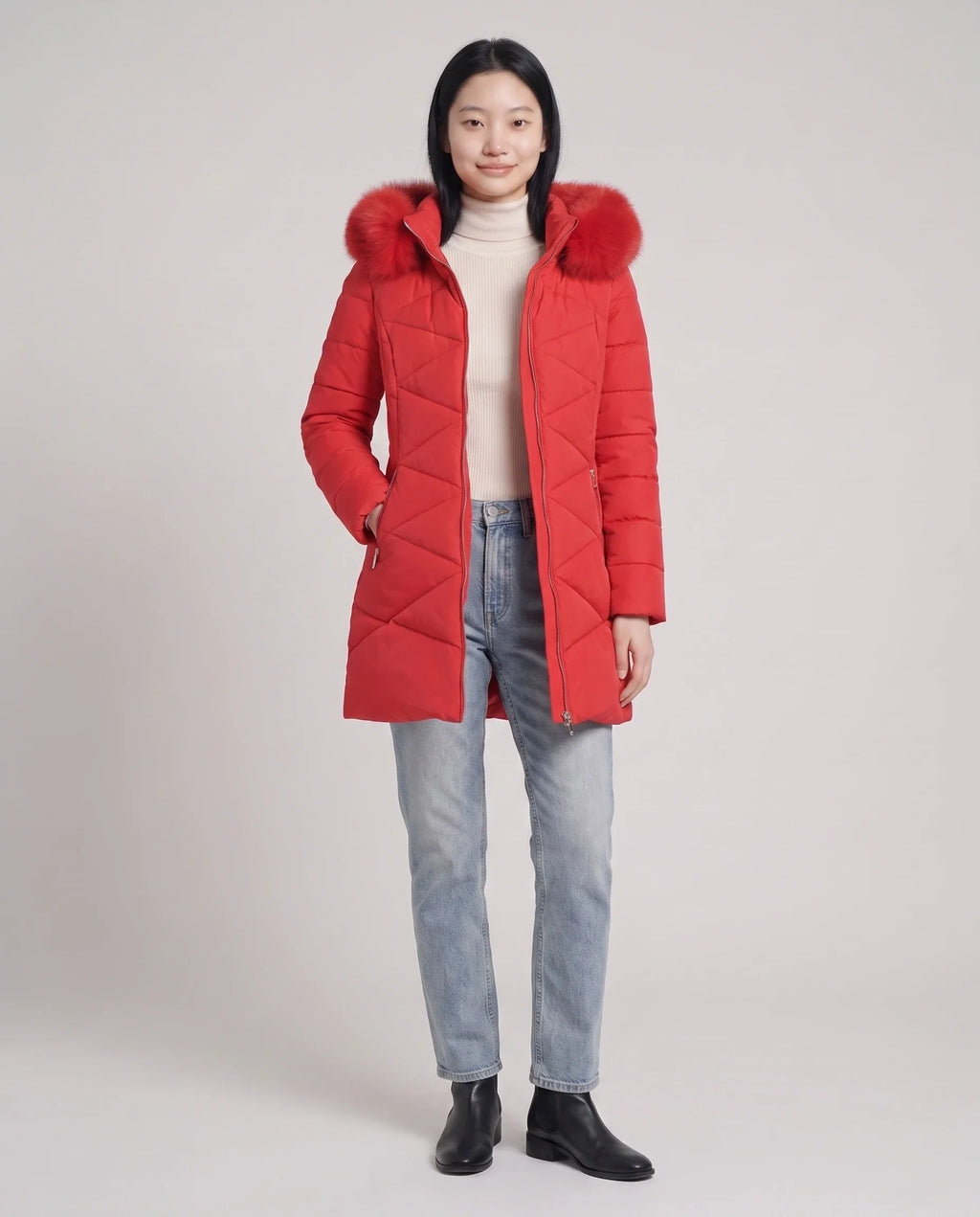 Parka mi-longue cintrée à capuche fourrure