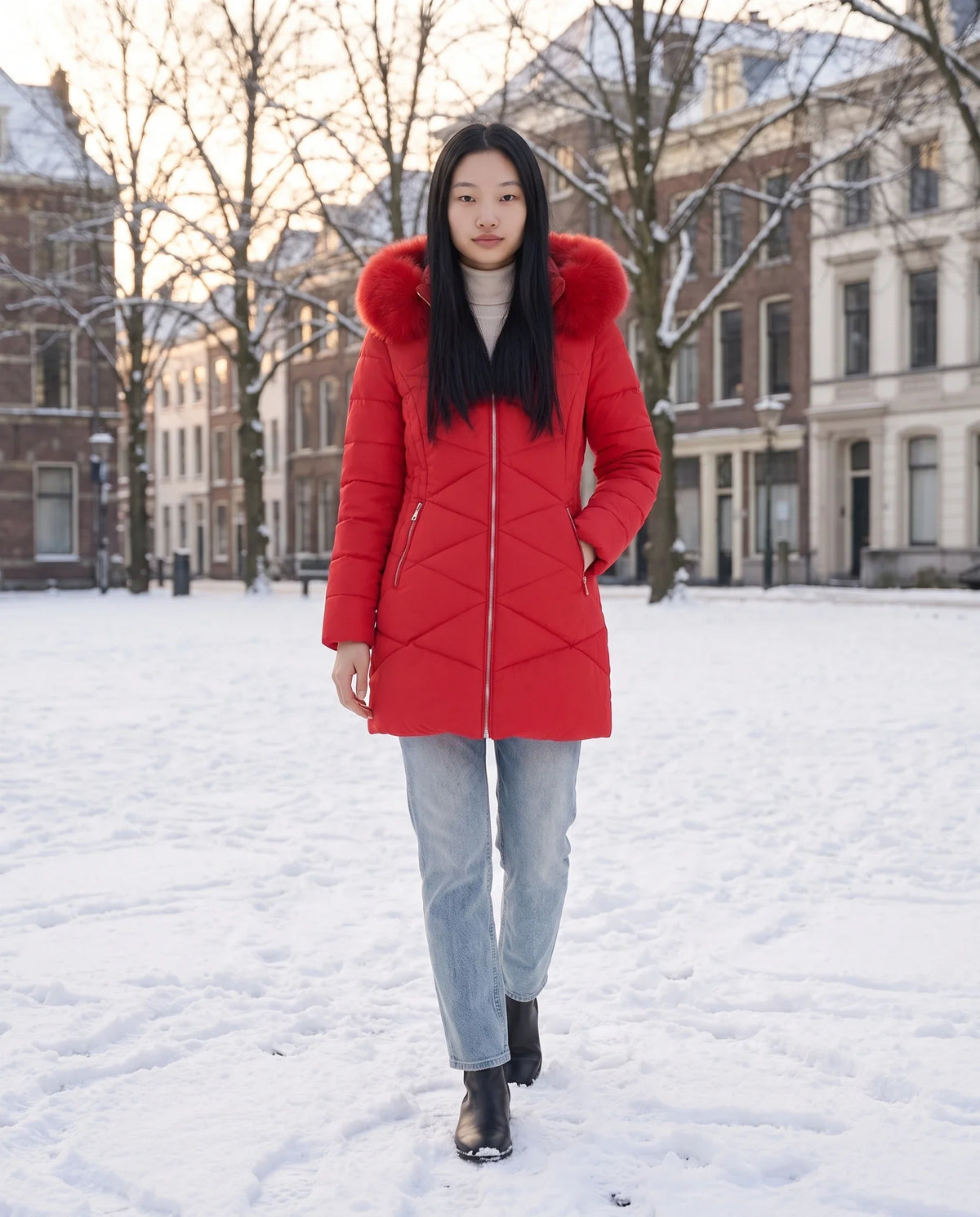 Parka mi-longue cintrée à capuche fourrure