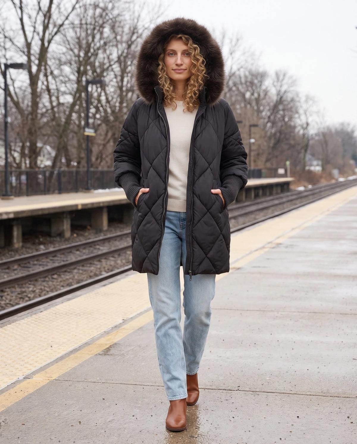 Parka mi-longue matelassée à manches tricot