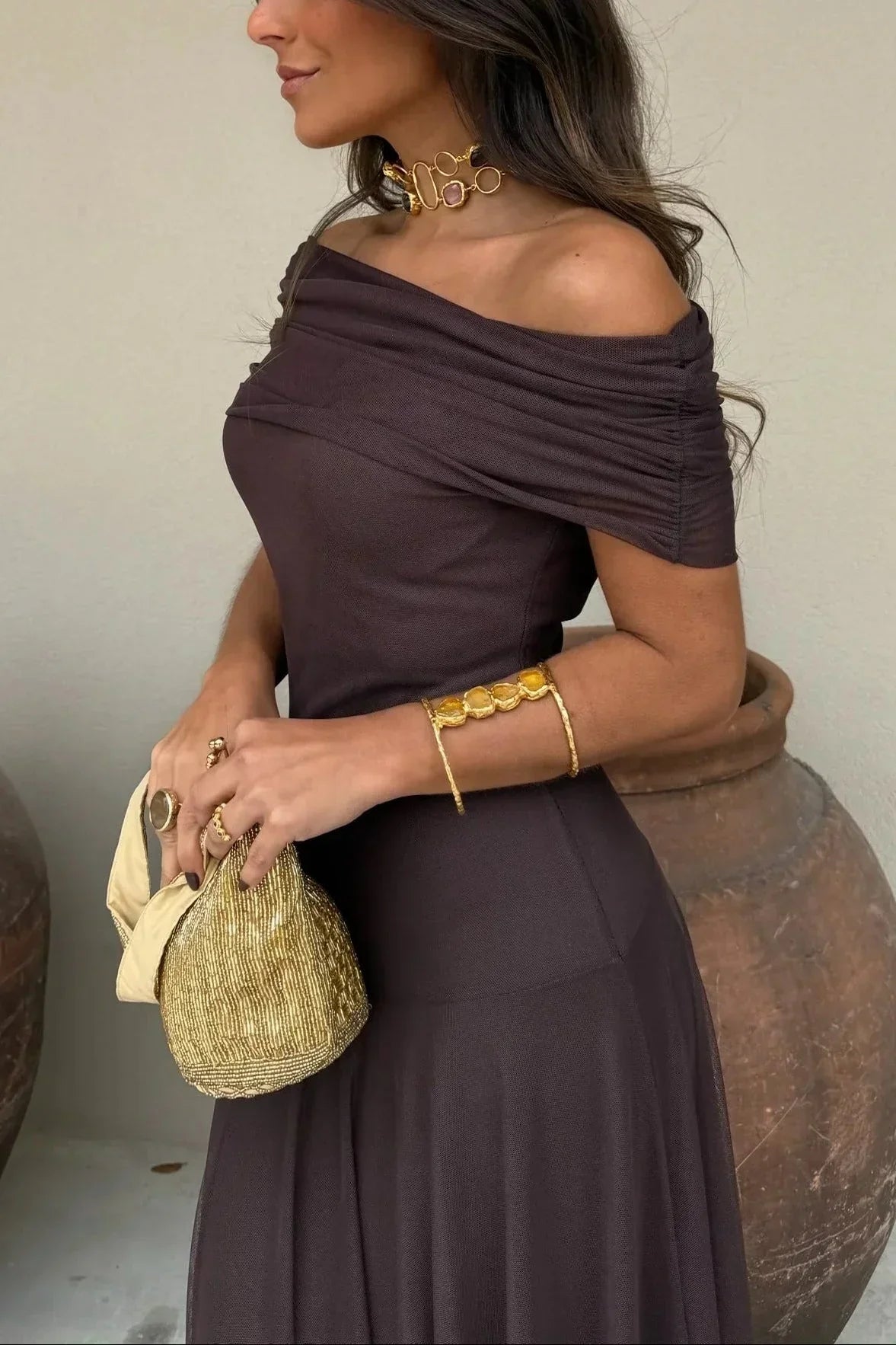 Robe Longue Femme Épaule Dénudée Élégante