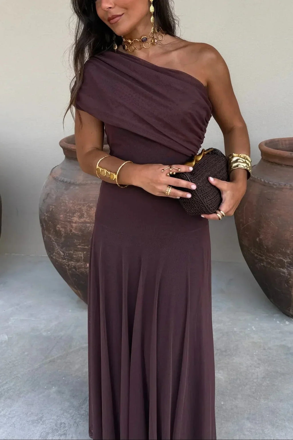Robe Longue Femme Épaule Dénudée Élégante