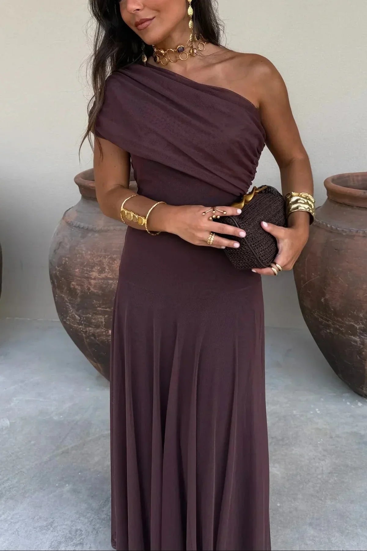Robe Longue Femme Épaule Dénudée Élégante