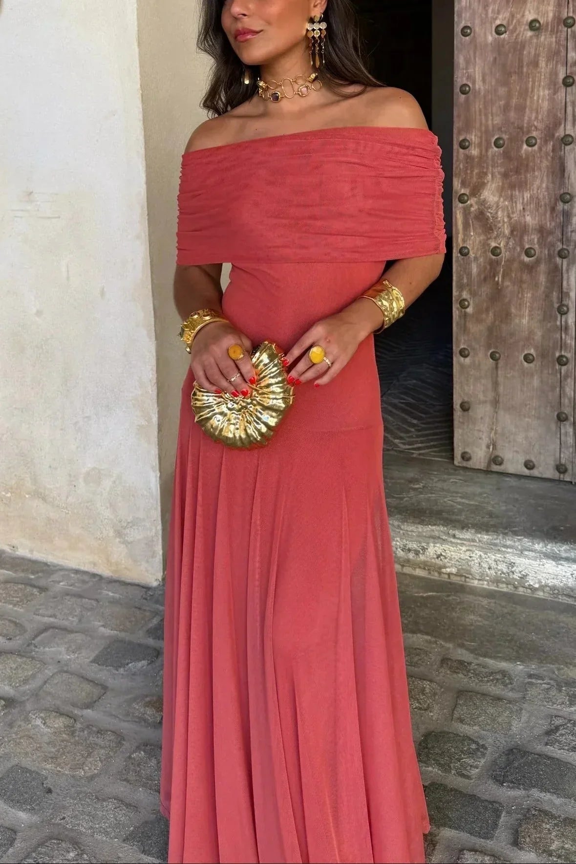 Robe Longue Femme Épaule Dénudée Élégante