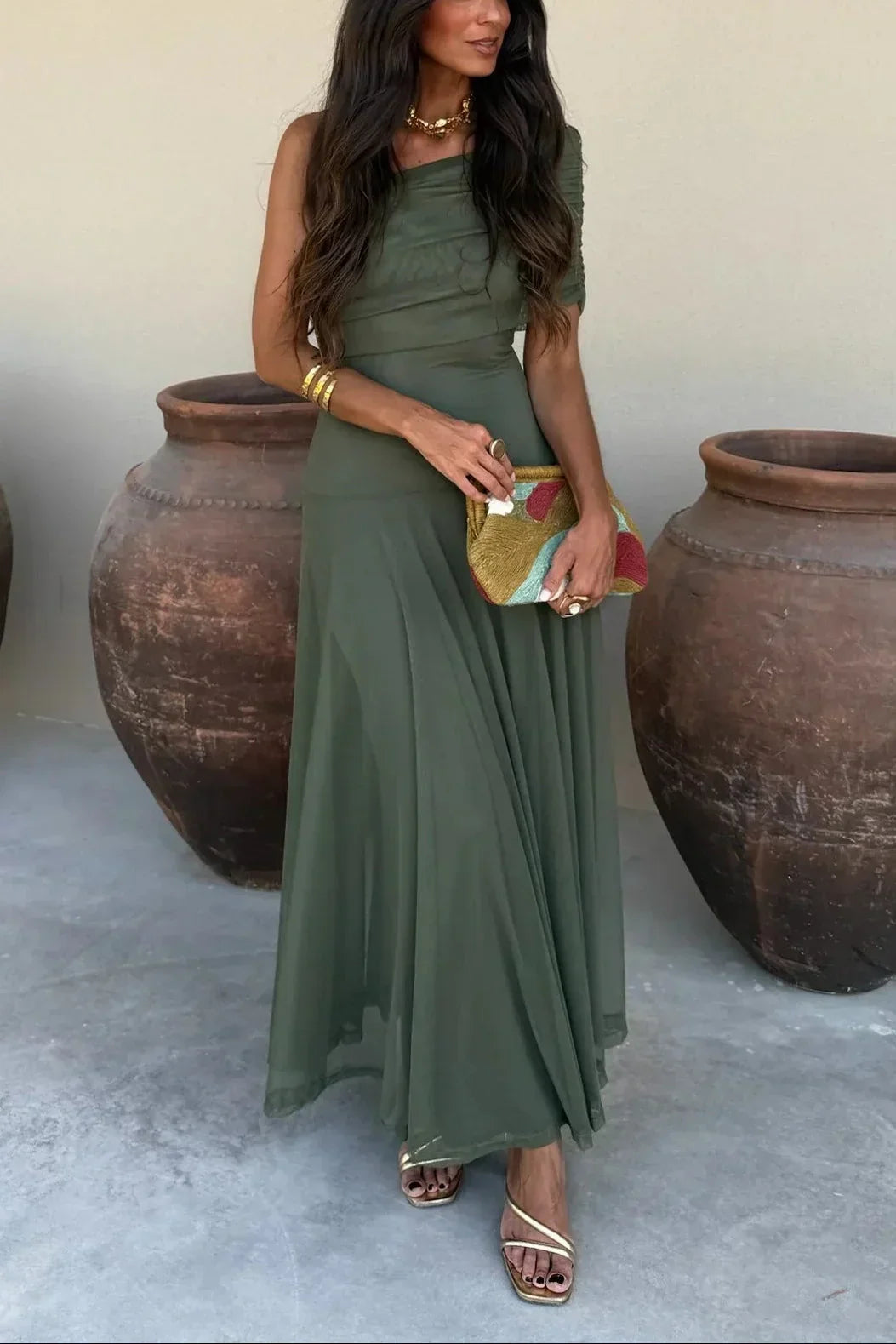 Robe Longue Femme Épaule Dénudée Élégante