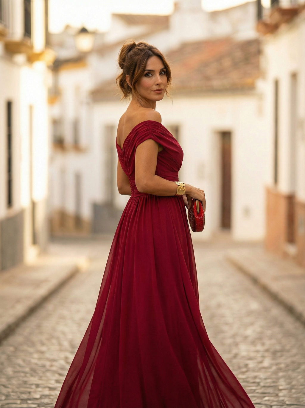 Robe Longue Femme Col Bardot de Soirée