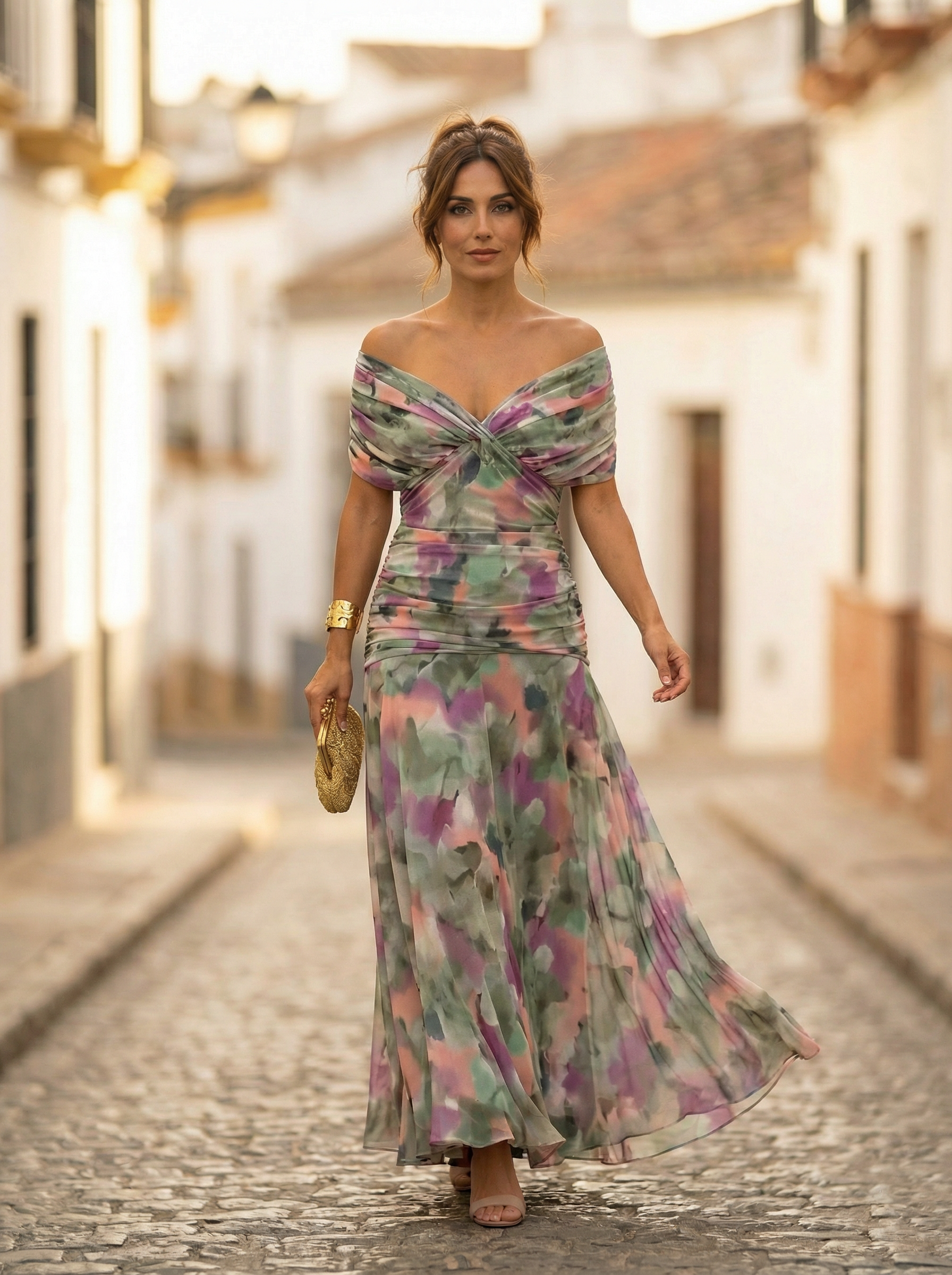 Robe Longue Femme Col Bardot de Soirée