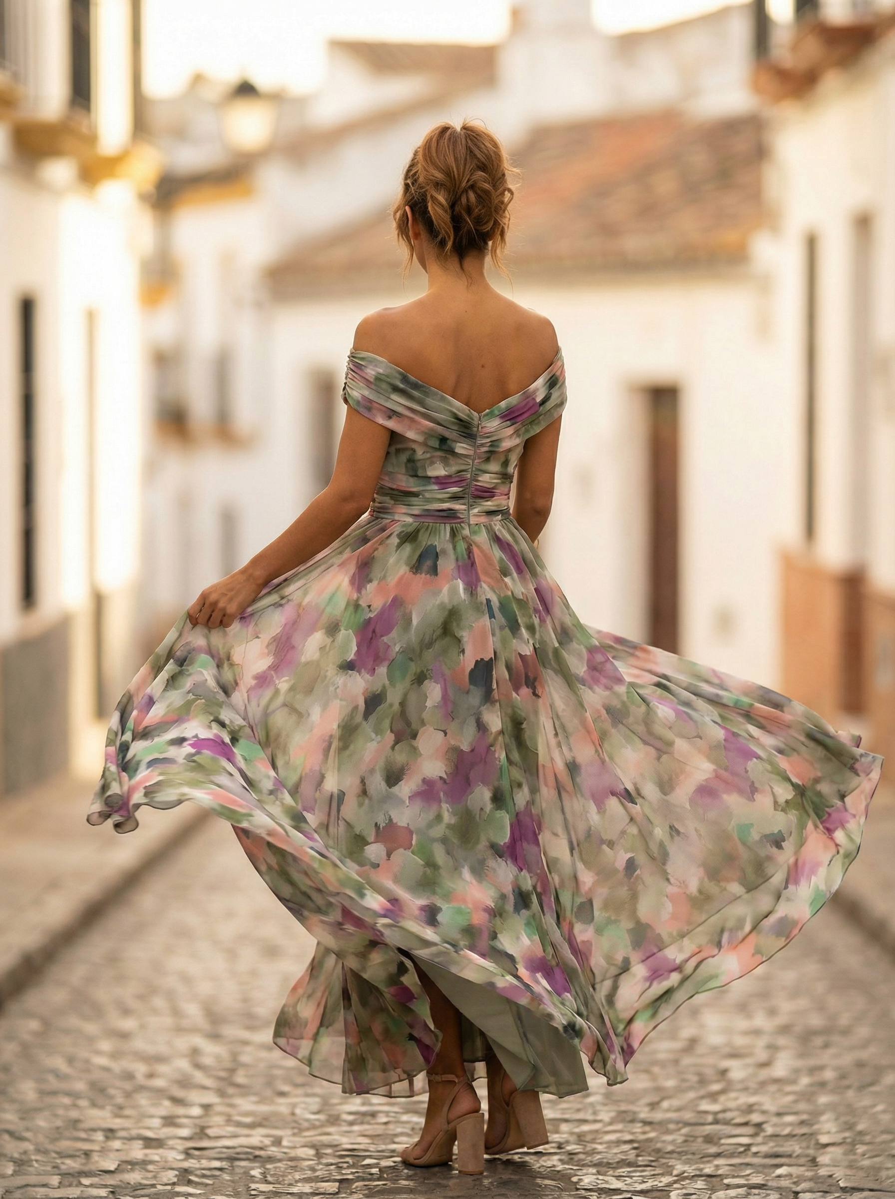 Robe Longue Femme Col Bardot de Soirée