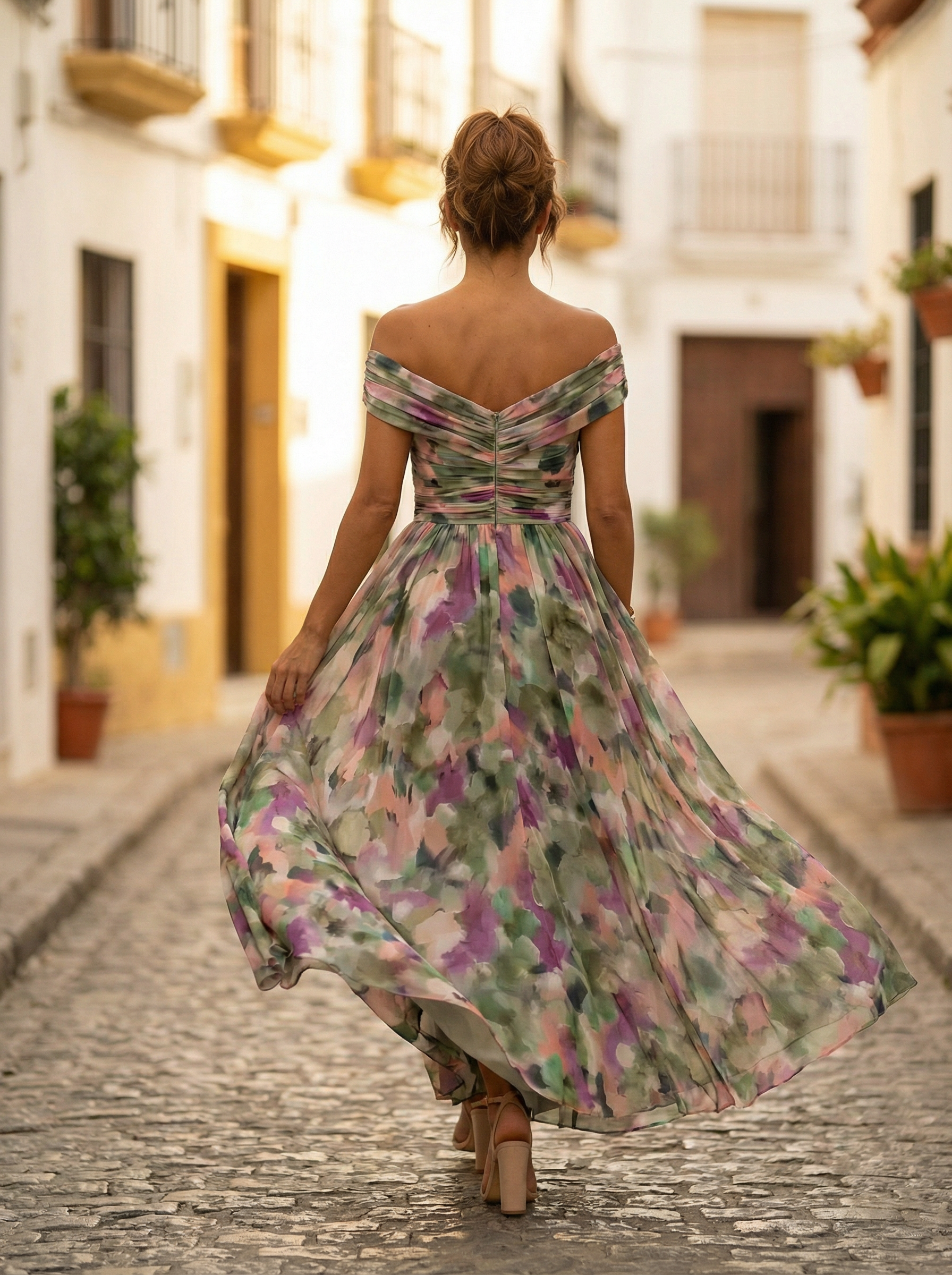 Robe Longue Femme Col Bardot de Soirée
