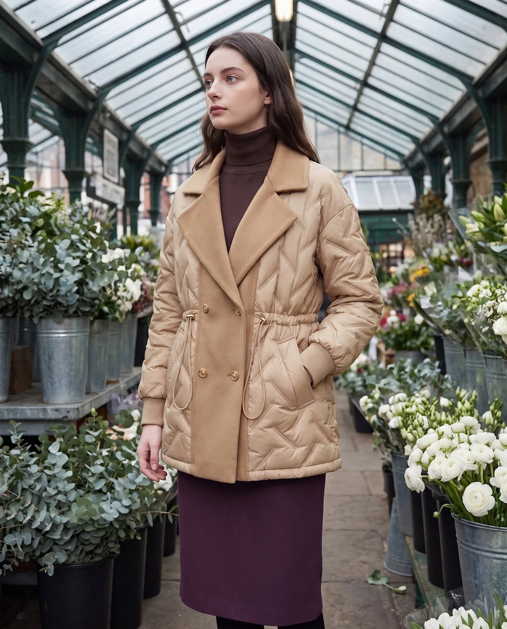 Veste matelassée mi-longue à grand col tailleur