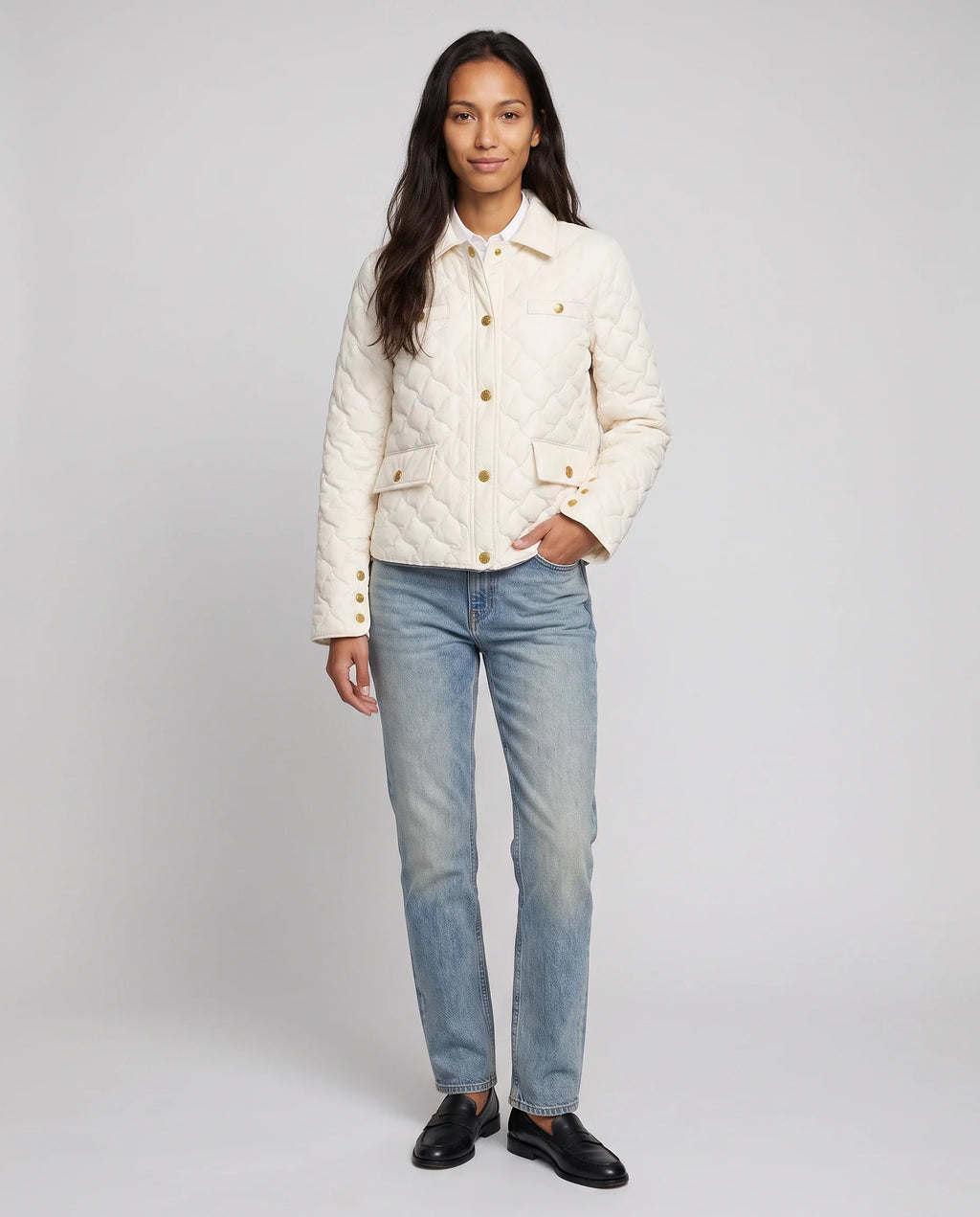 Veste matelassée à col chemise et pressions dorées