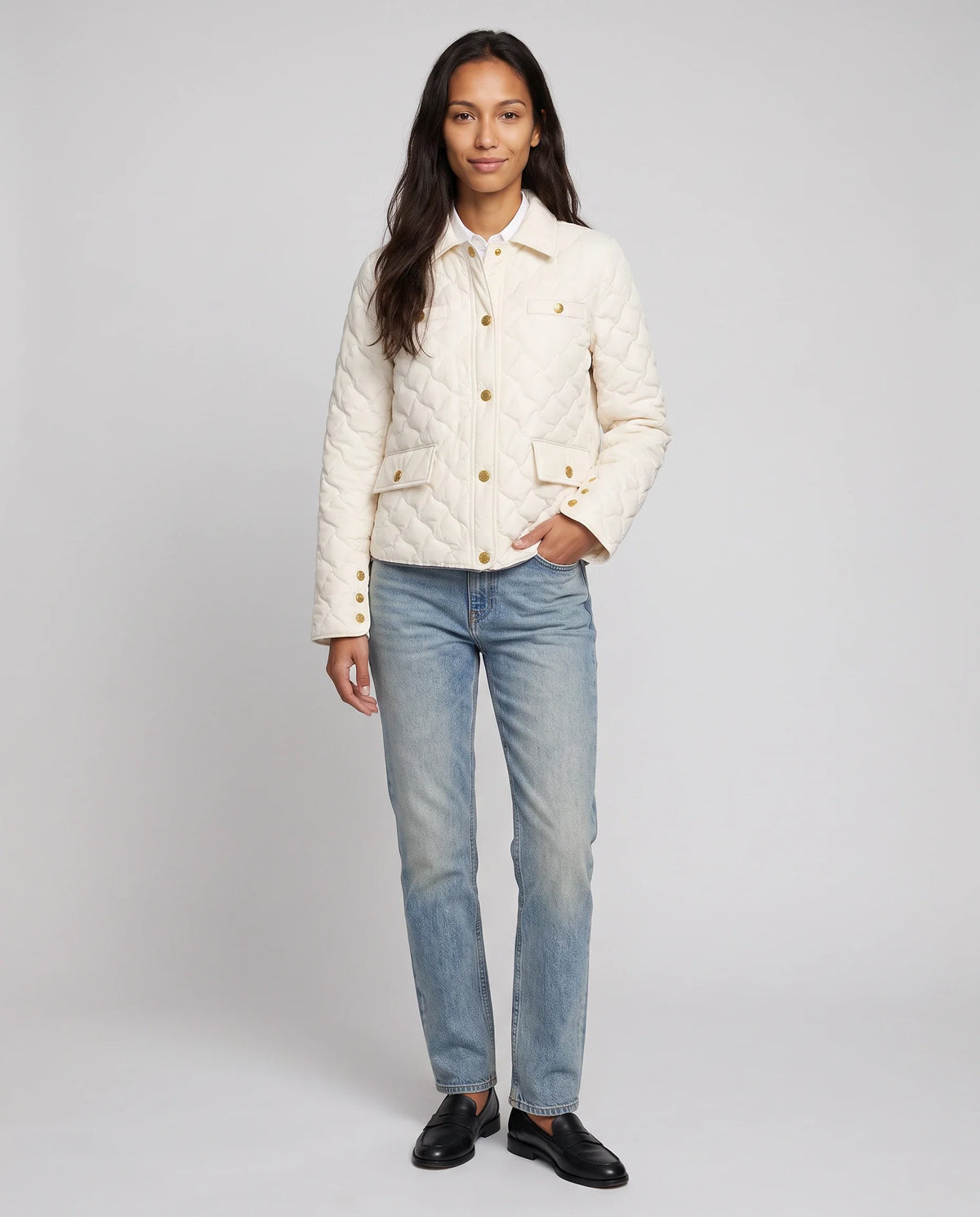 Veste matelassée à col chemise et pressions dorées