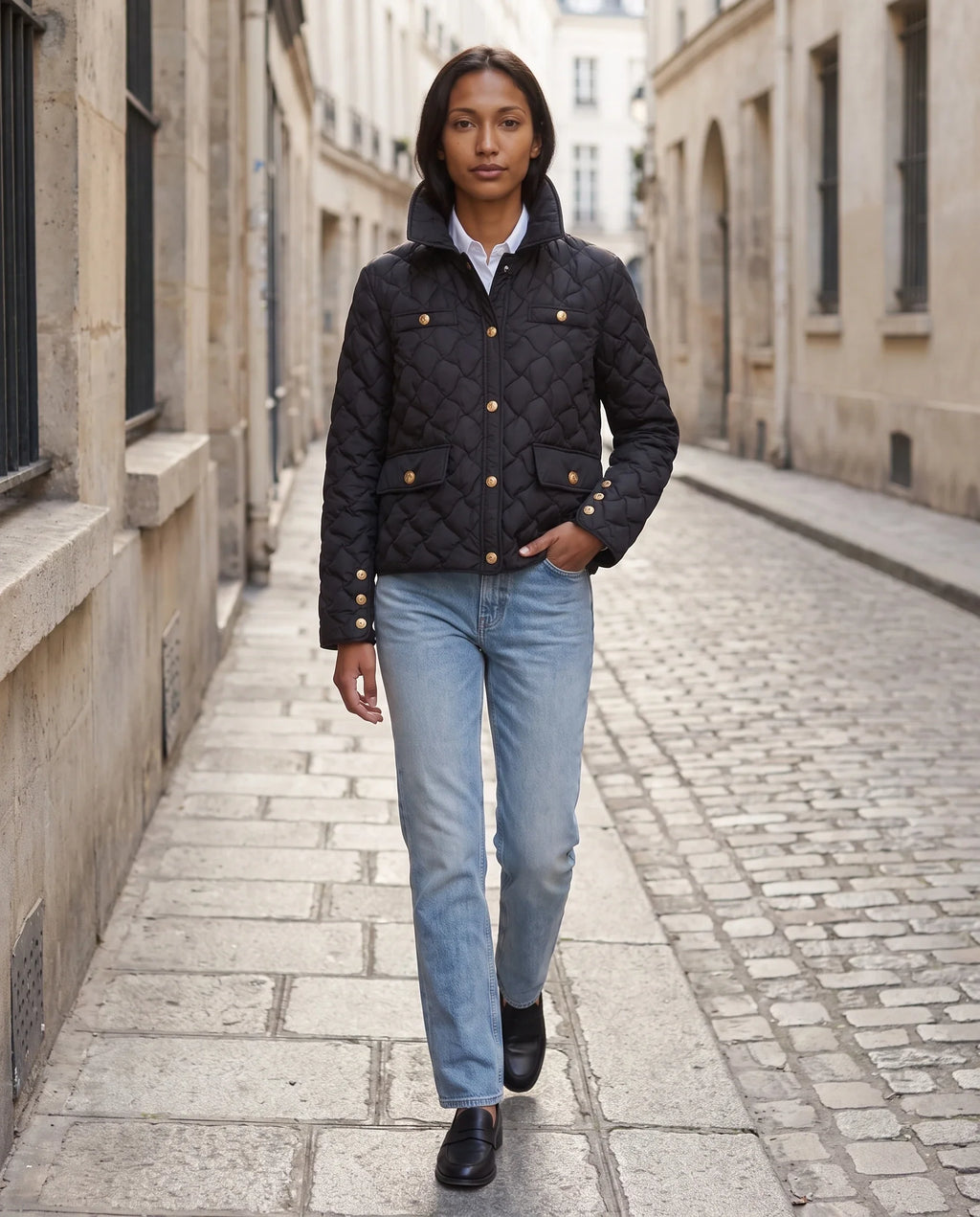 Veste matelassée à col chemise et pressions dorées
