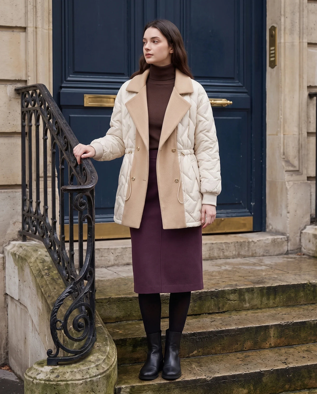Veste matelassée mi-longue à grand col tailleur