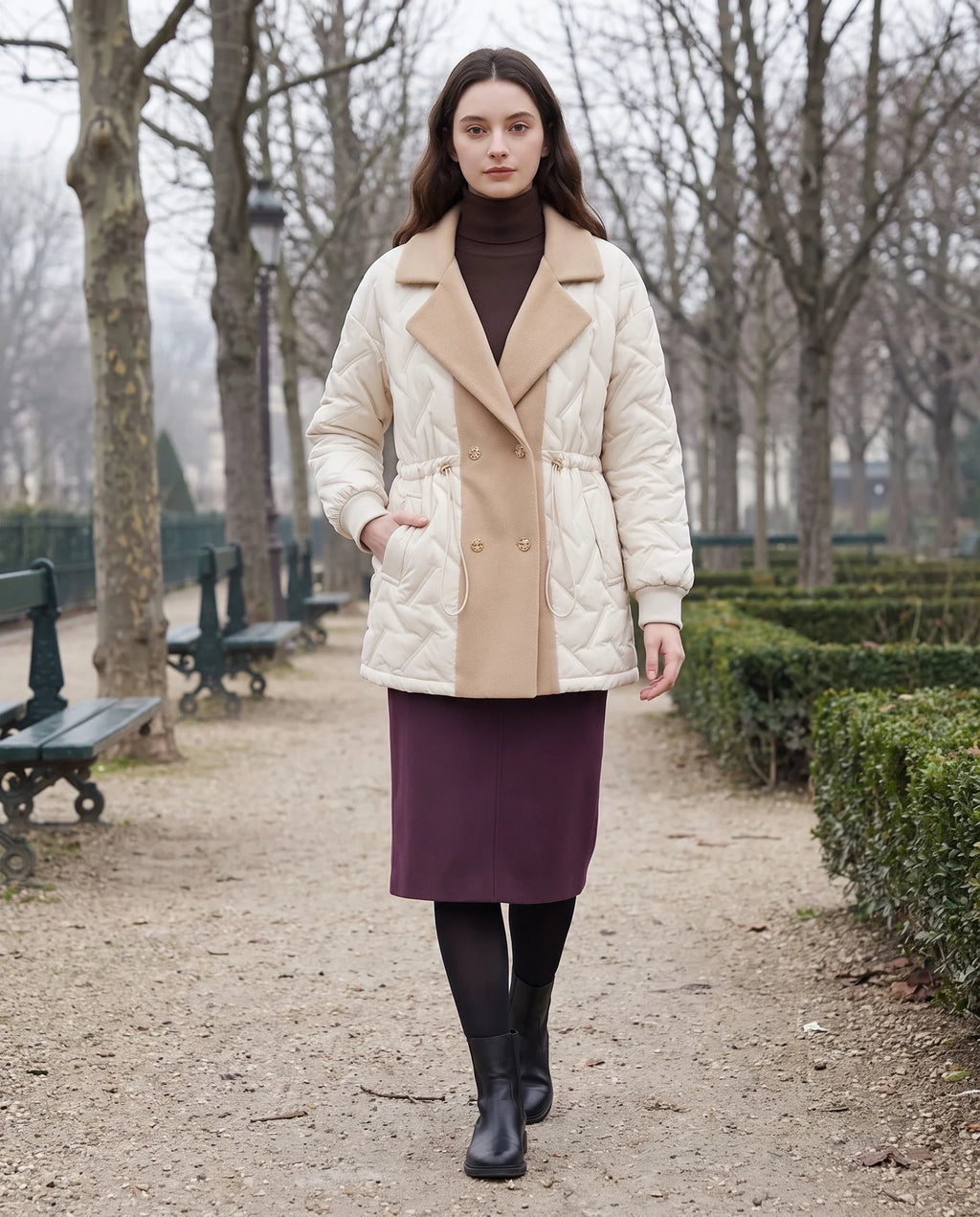 Veste matelassée mi-longue à grand col tailleur