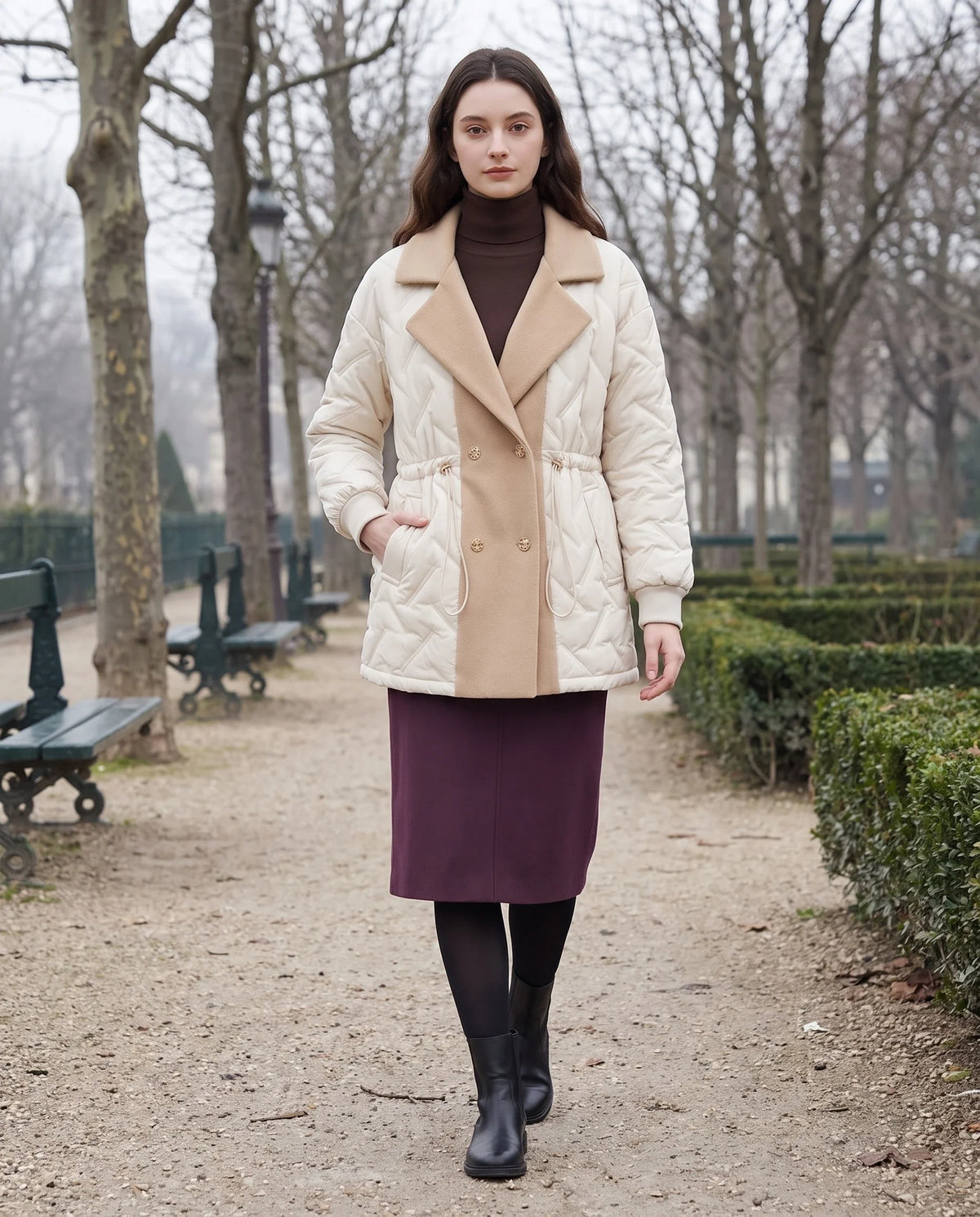 Veste matelassée mi-longue à grand col tailleur
