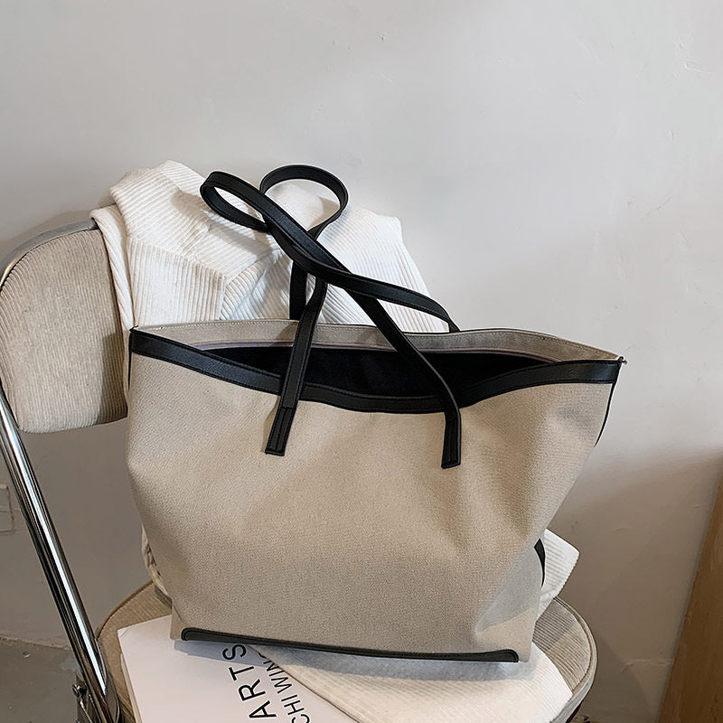 Grand sac cabas en toile bicolore zippé